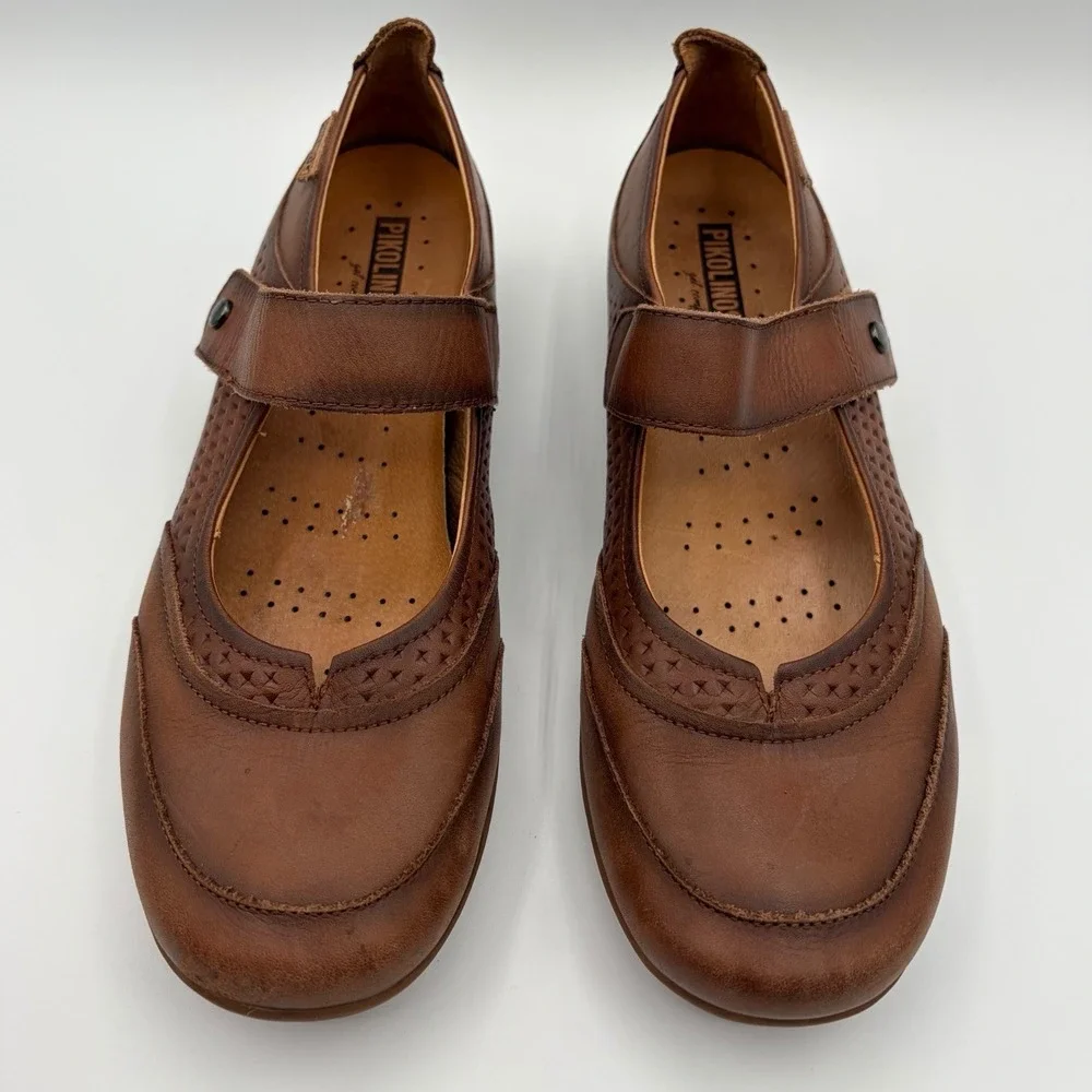 Pikolinos Women's Brown Leather Mary Janes Size 40 US 9.5 Shoes Strap Comfort